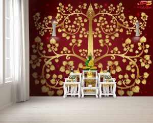 ตกแต่งห้องพระลายไทยต้นมหาโพธิ์สีทองพื้นหลังสีแดง