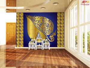 ตกแต่งห้องพระใบโพธิ์ใหญ่สีทองพื้นหลังสีน้ำเงิน