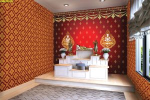 ตกแต่งห้องพระลายเทพพนมคู่ลายประจำยามพื้นหลังสีแดง