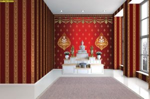 ตกแต่งห้องพระลายเทพพนมคู่ลายช่อหางโตพื้นหลังสีแดง