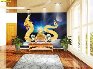 ตกแต่งห้องพระพญานาคสีทองพื้นหลังสีน้ำเงินอมดำใต้ดวงจันทร์