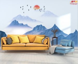 ตกแต่งวอลเปเปอร์ทิวทัศน์ภูเขาหน้าหนาว ยามพระอาทิตย์ขึ้น