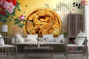 ตกแต่งวอลเปเปอร์มังกรจีนโบราณสีทองเสริมความแข็งแกร่ง