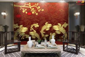 ตกแต่งวอลเปเปอร์ปลาคาร์ฟทองเก้าตัว แบบจีนโบราณ พื้นหลังสีแดง