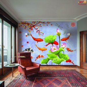 ตกแต่งวอลเปเปอร์ปลาคาร์ฟ 9ตัว ในสระดอกบัวสวยงาม