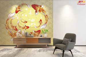 ตกแต่งวอลเปเปอร์ปลาคาร์ฟ9ตัวสีส้มทองพื้นหลังคลื่นน้ำสีเหลือง