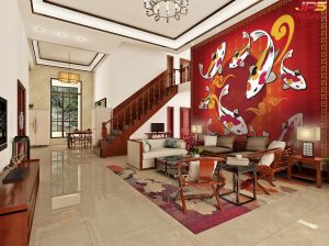 ตกแต่งวอลเปเปอร์ปลาคาร์ฟ9ตัวสไตล์จีนพื้นหลังสีส้มแดง