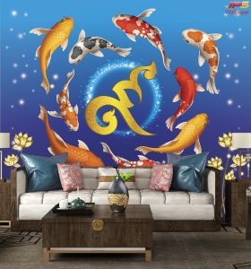 ตกแต่งวอลเปเปอร์ปลาคาร์ฟ9ตัว เลข9ทอง ดอกบัวทอง พื้นหลังสีน้ำเงิน