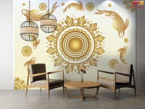 ตกแต่งวอลเปเปอร์ปลาคาร์ฟทอง9ตัว ดอกดาวทอง พื้นหลังสีขาว