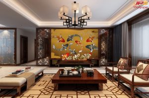 ตกแต่งวอลเปเปอร์ปลาคาร์ฟเก้าตัว คลื่นน้ำสีเหลืองทอง