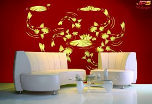 ตกแต่งวอลเปเปอร์เวกเตอร์ปลาคาร์ฟสีทองพื้นหลังสีแดงแก้ฮวงจุ้ย