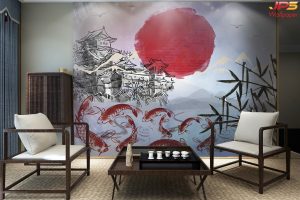 ตกแต่งวอลเปเปอร์พู่กันจีนโบราณ ปลาคาร์ฟ9ตัว ทิวทัศน์พื้นหลังสีเทา