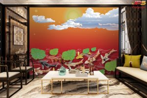 ตกแต่งวอลเปเปอร์ปลาคาร์ฟ9ตัวในบึงใบบัว พื้นหลังสีแดงส้ม