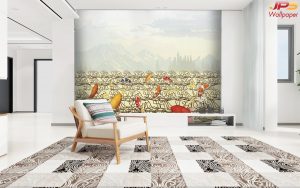 ตกแต่งวอลเปเปอร์ปลาคาร์ฟเก้าตัว ในบึงดอกบัวทอง พื้นหลังสีเหลืองขาว