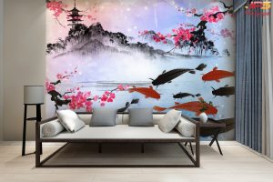 ตกแต่งวอลเปเปอร์ปลาคาร์ฟเก้าตัว ทิวทัศน์สไตส์ญี่ปุ่น พื้นหลังสีฟ้าอ่อน