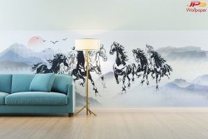ตกแต่งวอลเปเปอร์ม้าขาวดำ8ตัว เสริมสิริมงคล