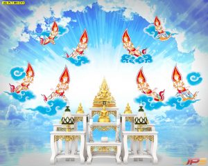 ตกแต่งวอลเปเปอร์พรีเมี่ยมลายไทยเทพพนมพื้นสีฟ้าขาว