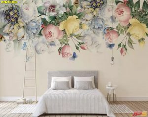 ตกแต่งวอลเปเปอร์ตกแต่งห้อง ลายดอกไม้หลากสี3D