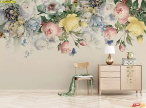 ตกแต่งห้องวอลเปเปอร์ลายดอกไม้3D ลายดอกไม้หลากสี EX3