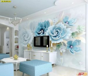 ตกแต่งห้องวอลเปเปอร์ลวดลายพรีเมี่ยม ลายดอกไม้3Dขาวฟ้า-EX2