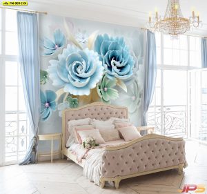 ตกแต่งห้องวอลเปเปอร์สั่งพิมพ์ ลายดอกไม้3Dขาวฟ้า-EX4