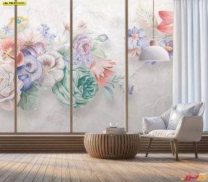 ตกแต่งห้องวอลเปเปอร์ลวดลายพรีเมี่ยม ภาพวาดดอกไม้หลายสี3มิติ